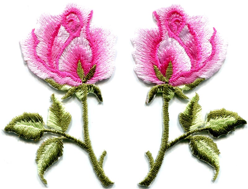 Pink Roses Pair Flowers Floral Retro Boho Hippie Embroidered Appliques Iron-ons Patches S-498